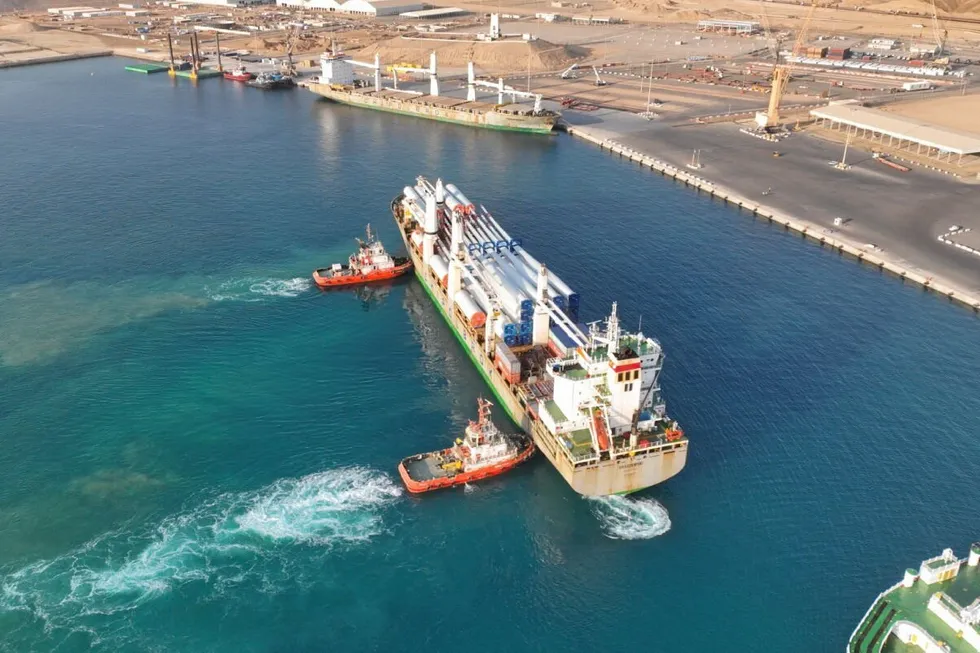 The first wind turbines being delivered to Neom's 2.2GW green hydrogen project in Saudi Arabia.