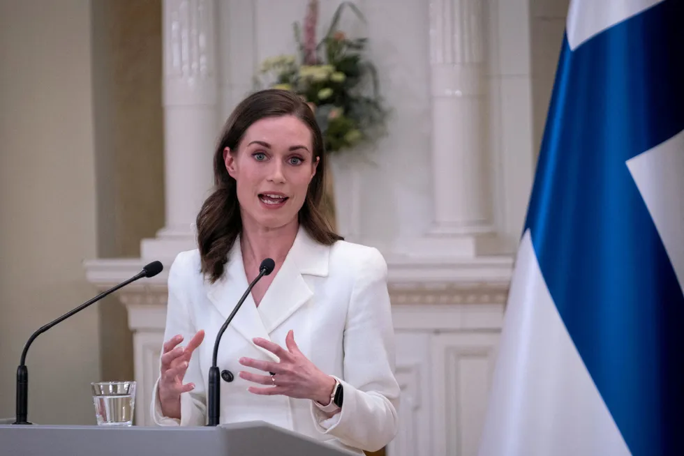Finnish prime minister Sanna Marin speaking at the Presidential Palace in Helsinki.