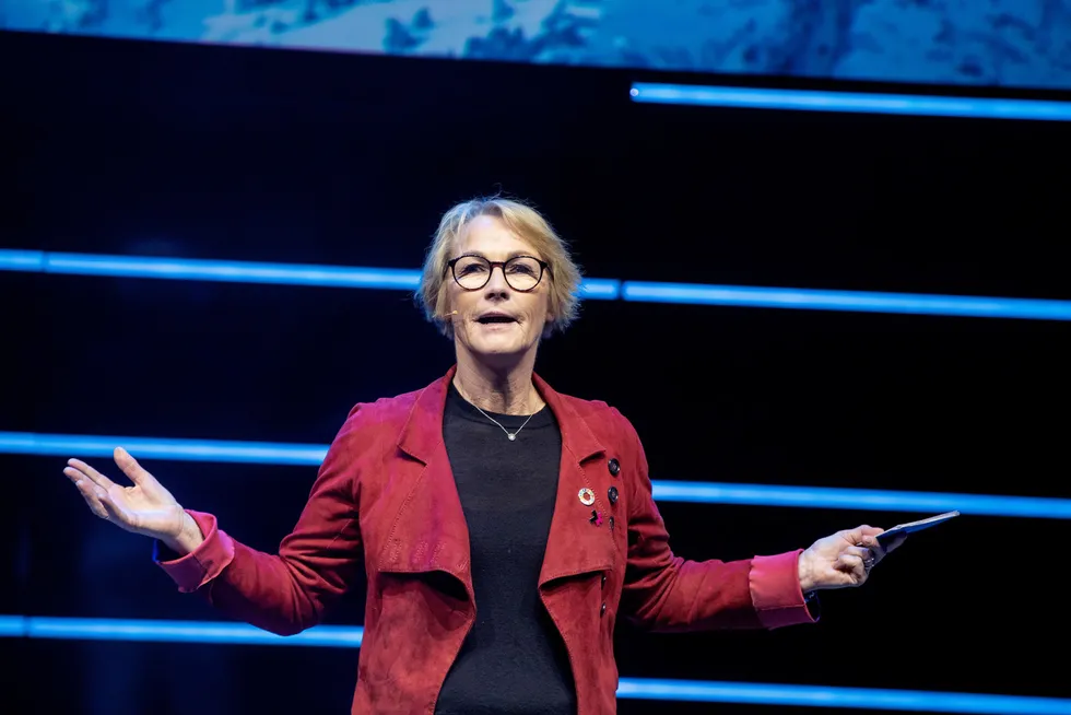 Grieg-gruppen-styreleder Elisabeth Grieg på scenen under She Conference i Oslo Spektrum i 2019. Redertoppen er en mangeårig og profilert stemme for likestilling i norsk næringsliv.