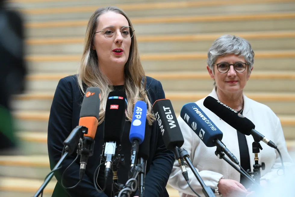 Parliamentary group co-leaders of Germany's Greens Britta Hasselmann (R) and Katharina Droege (L) after striking a deal with CDU party leader Merz.