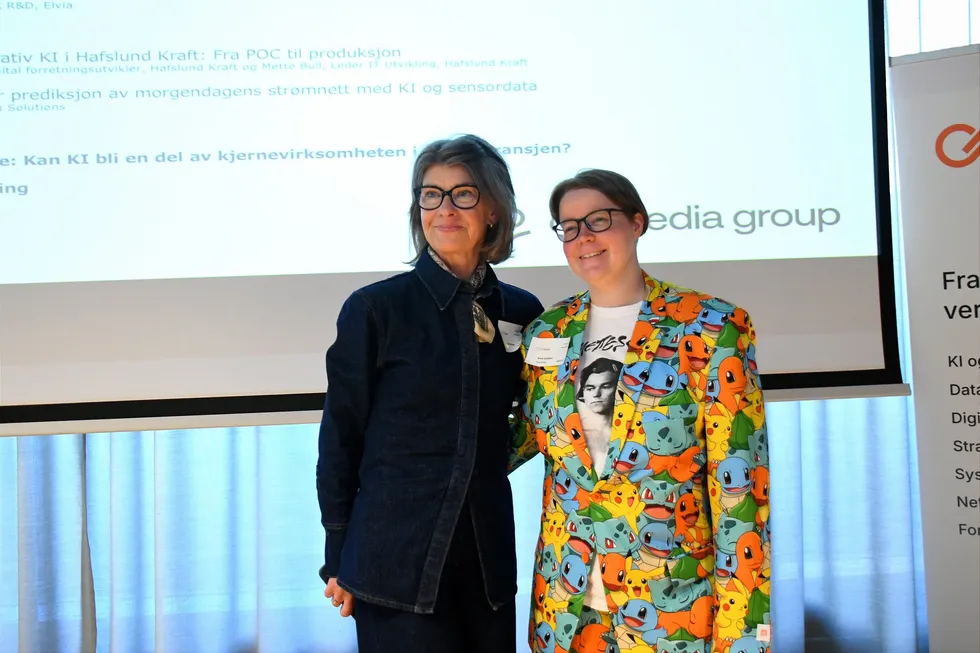 Seniorrådgiver for merkevare i Eidsiva, Margareta Willman og Game Changer Anne Igeltjørn på Teknologioptimistenes konferanse om Kunstig intelligens og teknologiske trender 2025.