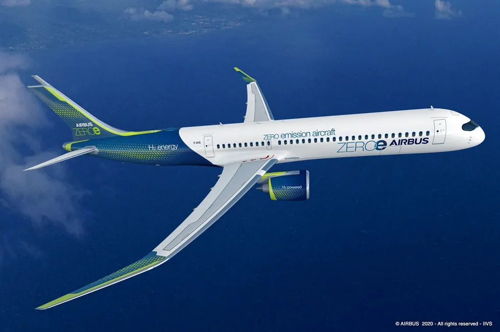 A design for an Airbus hydrogen-fuelled commercial airplane.