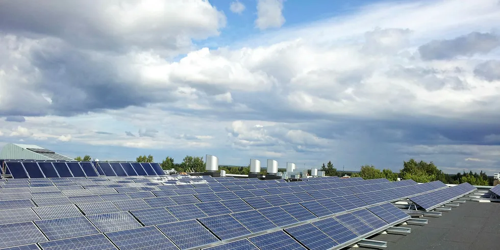 Solcellene på taket av svømmehallen i Pori, Finland. Foto: Naps Solar