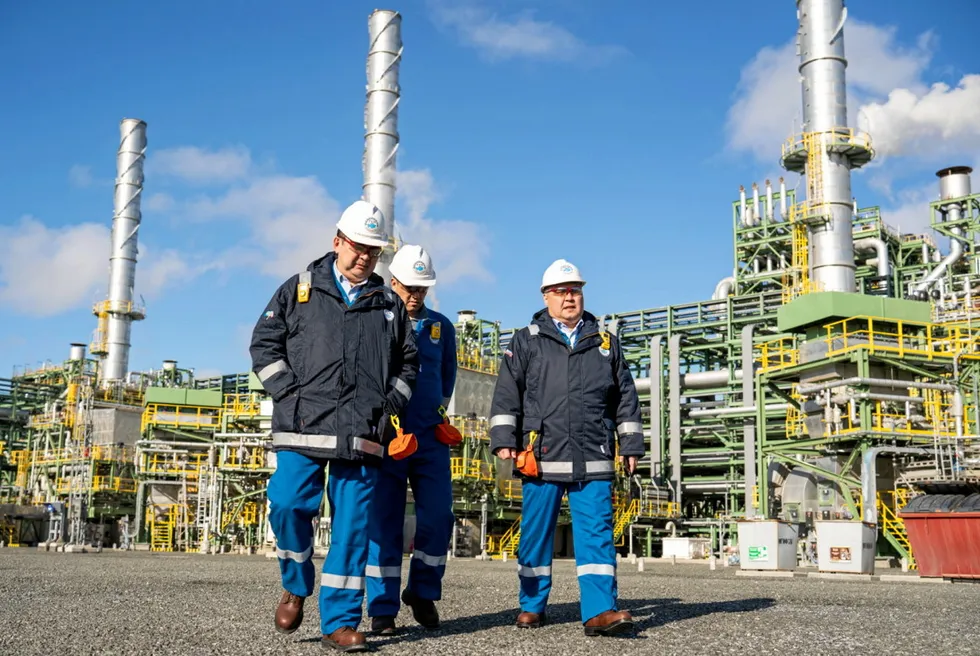 Kazakhstan government officials inspect oil and gas production facilities at the Tengiz oilfield in November.