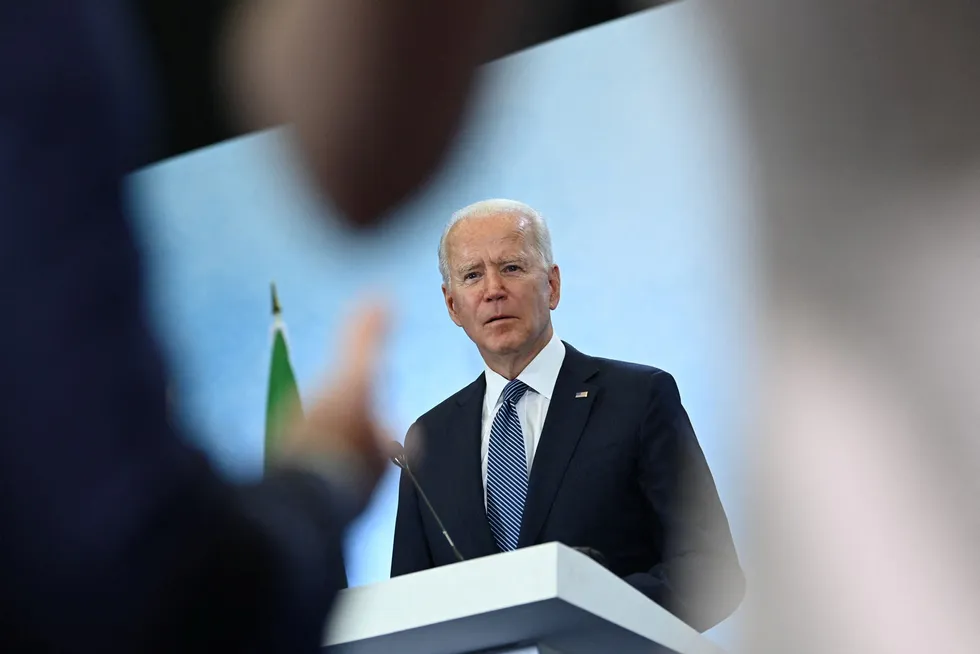 US President Joe Biden takes part in a press conference on the final day of the G7 summit