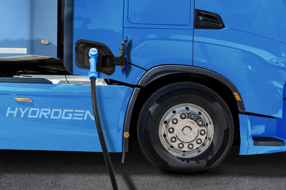 A hydrogen truck being refuelled.