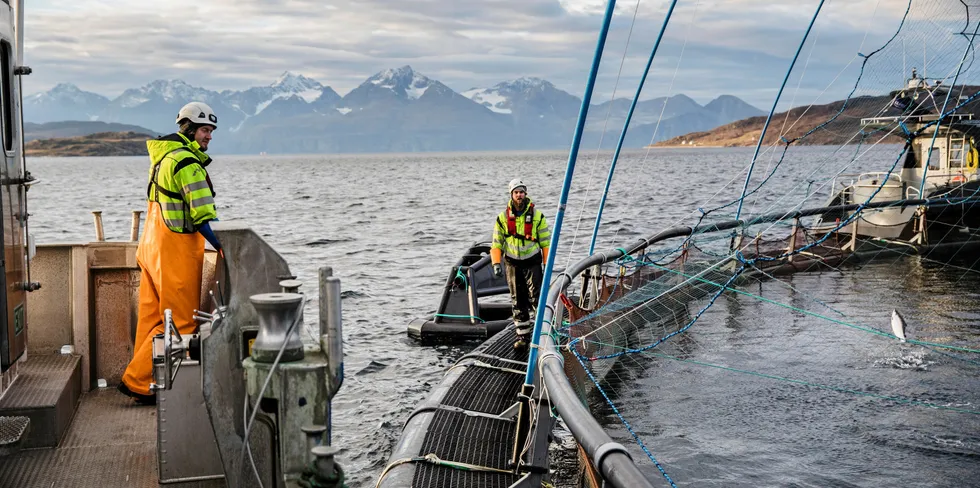 Havbrukstekniker Rudi Simonsen (30) og driftstekniker Sondre Nordstrøm (28) på Lerøy-annlegget i Kågen ved Skjervøy i Nord-Troms.