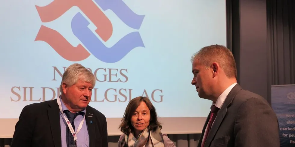 Styreleder Jonny Garvik (t.v.) og administrerende direktør Paul Oma i Norges Sildesalgslag skal møte Inger-Marie Sperre i Sjømat Norge under årsmøtet i Sildelaget i Bergen. Foto: Nils Torsvik