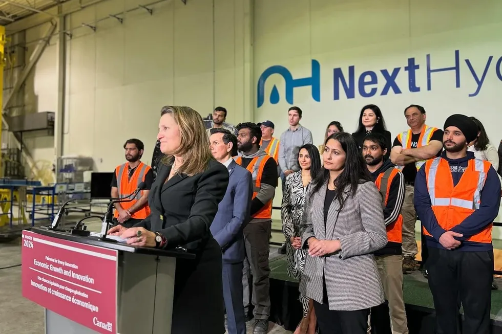 Chrystia Freeland, the then finance minister of Canada, giving a speech at Next Hydrogen's Ontario plant in July 2024.