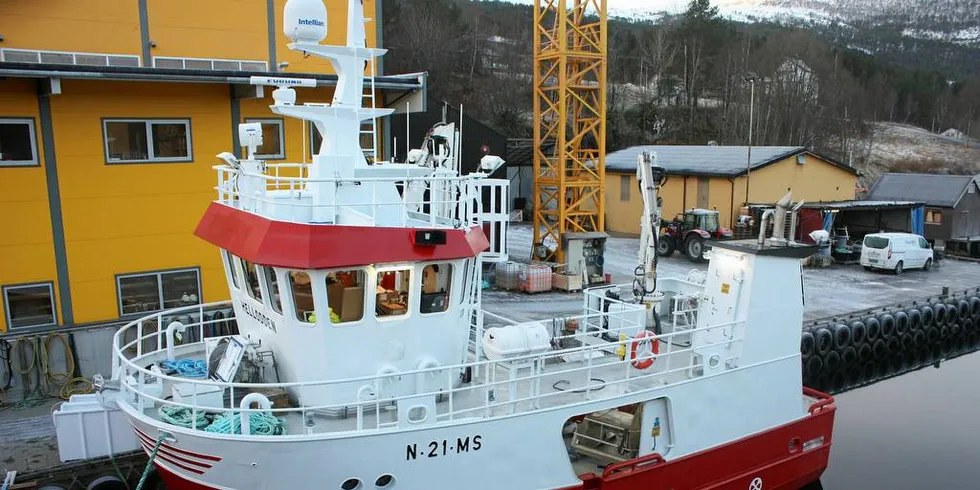 NY: «Hellodden» ved kai på Sletta Verft. Det var eneste fiskebåt som ble bygget ved Sletta verft i fjor. Ellers er det levert mange arbeids- og servicebåter. Foto: Sletta Verft