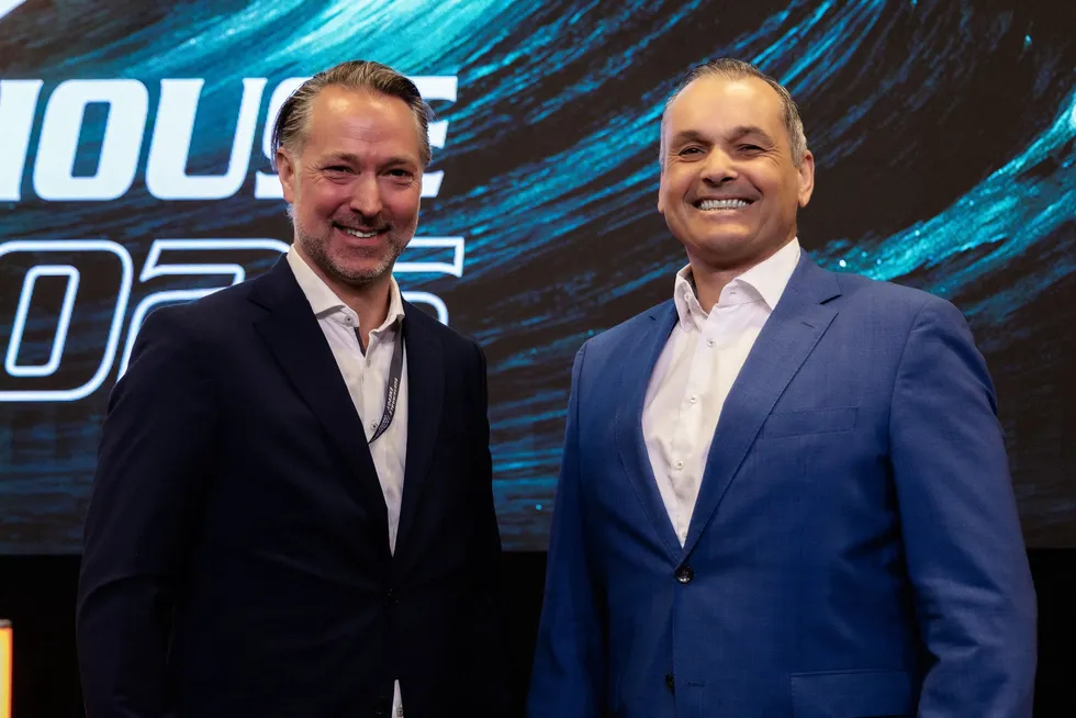 Kjell Ove Ulstein, sales and marketing director of Wartsila Gas Solutions (left) and Erik Nyheim, CEO of Hoegh Evi (right)