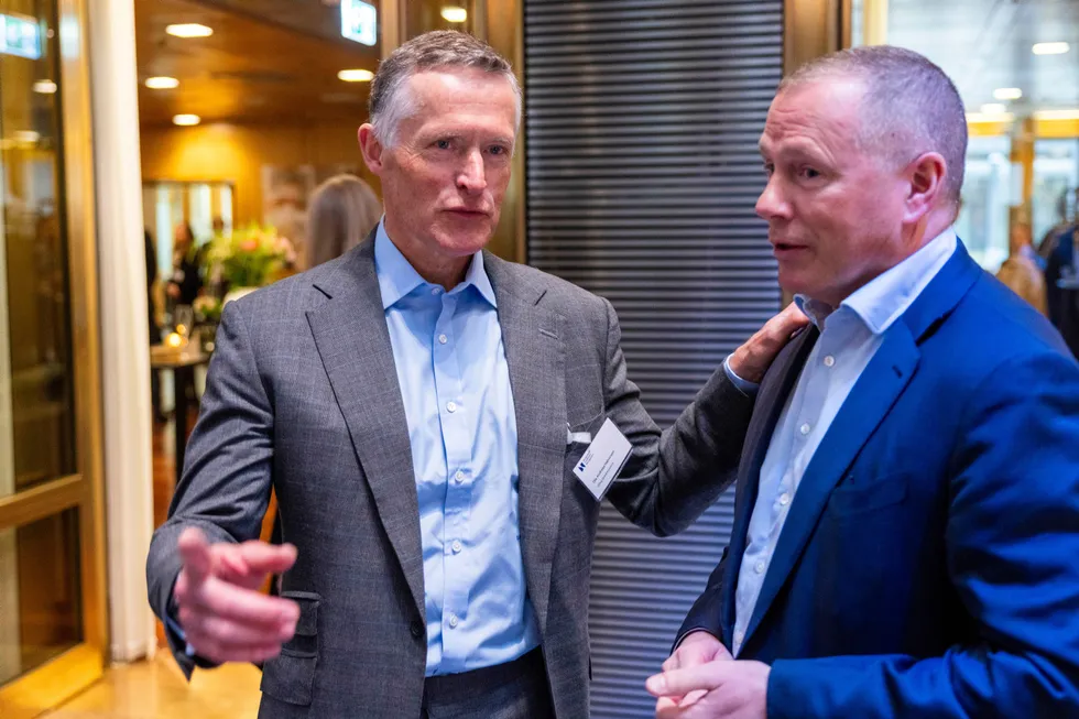 Ole Andreas Halvorsen (til venstre) og Nicolai Tangen på Oljefondets investeringskonferanse tirsdag.
