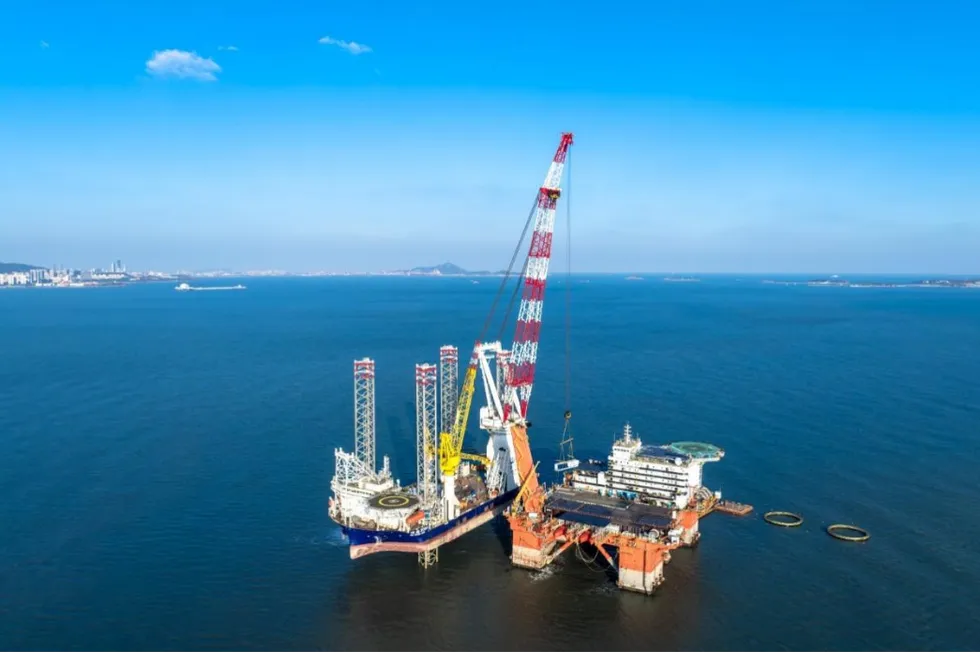 The offshore platform under construction off Shandong province, China.
