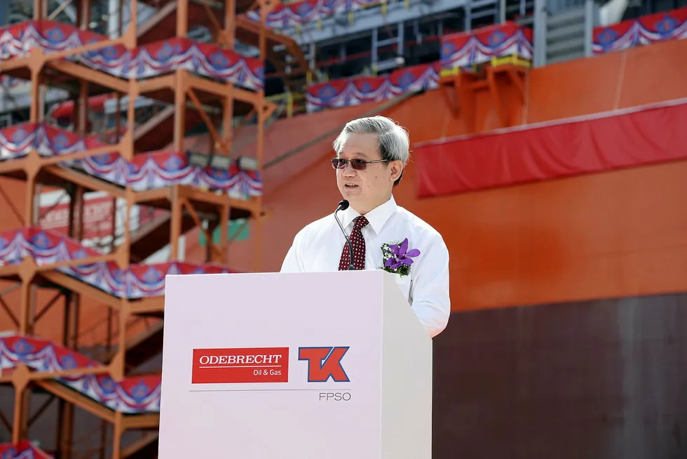 Pre-Covid days: Sembcorp Marine chief executive Wong Weng Sun at the Pioneiro de Libra FPSO naming ceremony at its Tuas Boulevard Yard in Singapore in 2016