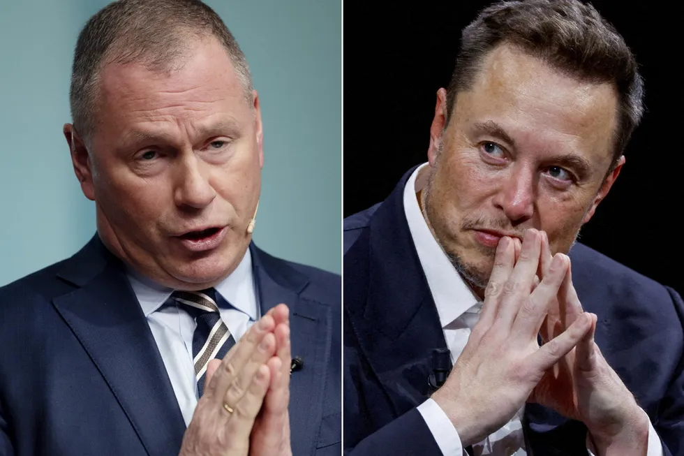 Elon Musk (t.h.) sier det blir vanskelig å dyrt for han å delta på Nicolai Tangens oljefondet-konferanse neste år.