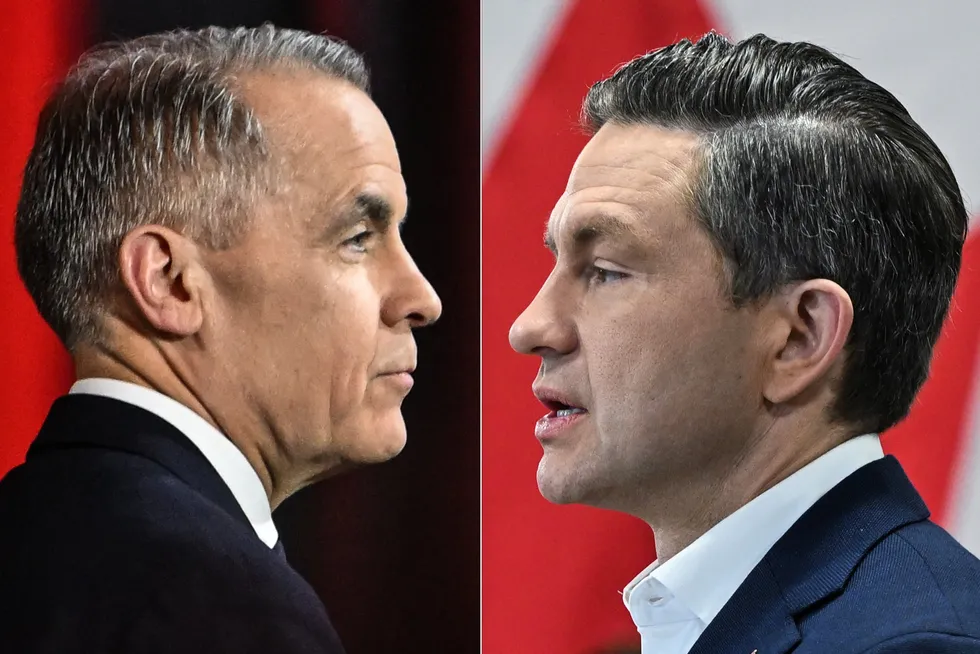 (L–R) Liberal Party leader and Prime Minister Mark Carney, and Conservative leader and Leader of the Official Opposition Pierre Poilievre