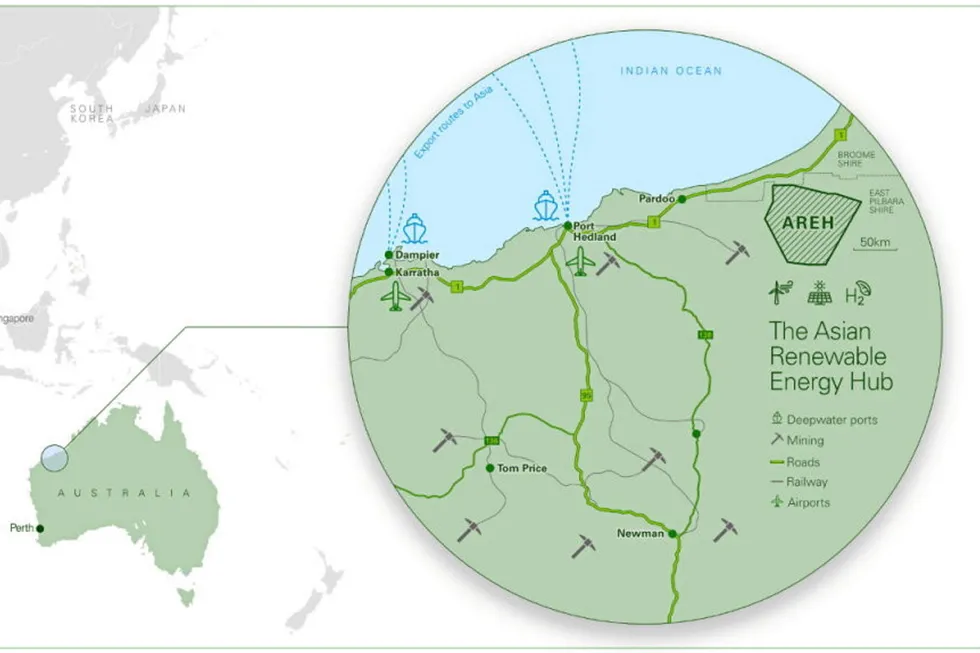 The location of the 14GW Australian Renewable Energy Hub, in which CWP owns a 17.8% stake. (It was previously known as the Asian Renewable Energy Hub until the end of last year due to previous plans to export green H2 to Asia).