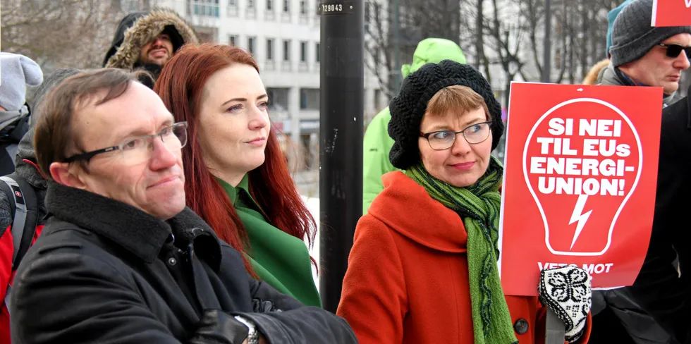 Espen Barth Eide i en tidligere Acer-demonstrasjon. Nå vil imidlertid ikke Arbeiderpartiet støtte Senterpartiet i en ny runde mot Acer.