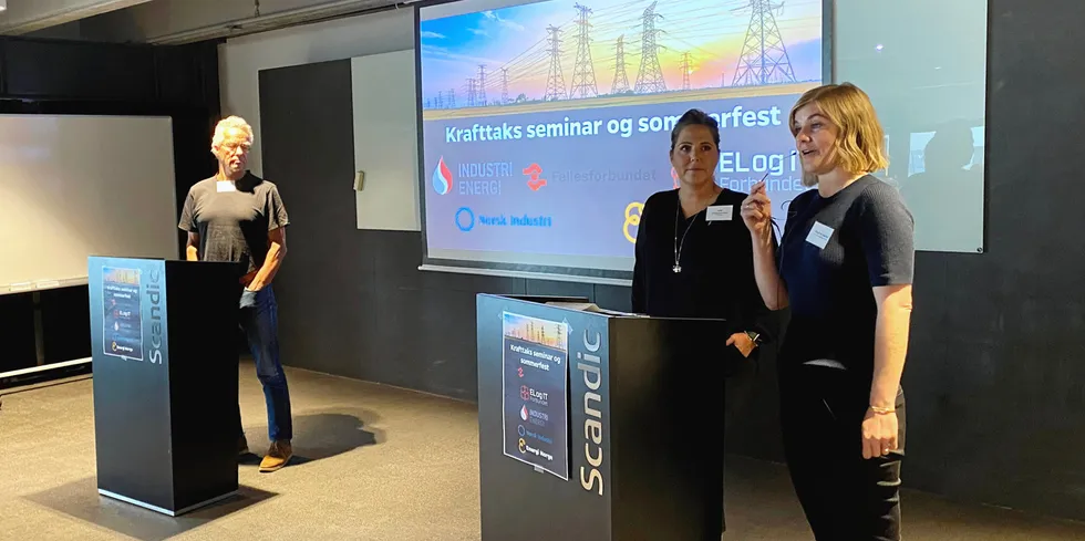 Statssekretær Elisabeth Sæther (t.h.) deltok tirsdag på et sommerseminar i regi av energi-organisasjoner. Med seg på podiet hadde hun Rasmus Hansson fra MDG og Lene Westgaard-Halle fra Høyre.