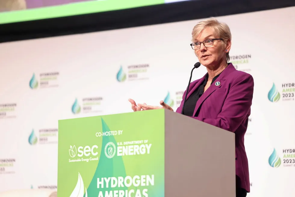 Jennifer Granholm speaking at the Hydrogen Americas Summit in Washington DC in 2023