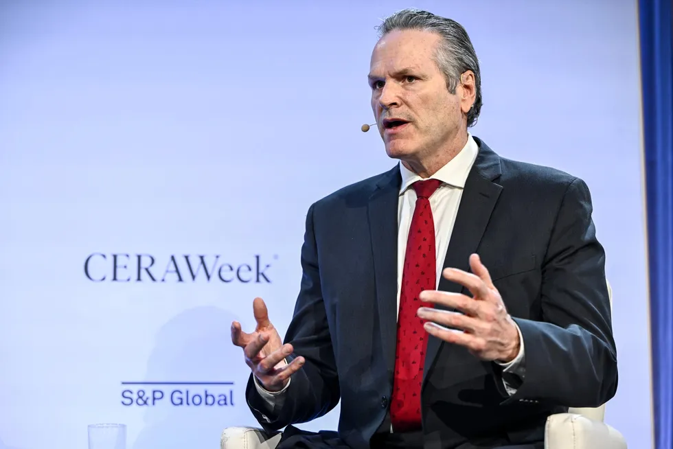 Alaska Governor Mike Dunleavy speaks at CERAWeek by S&P Global energy conference in Houston, Texas, US, on 14 March 2025.