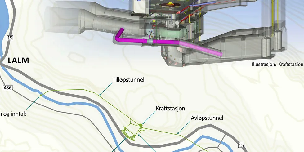 Elvekraftverk: Skissen viser at kraftstasjonen i Nedre Otta kraftverk er plassert omtrent halvveis mellom inntaket og utløpet. Fallet som blir utnyttet er 55,5 meter, og beregnet årlig produksjon er 315 GWh.