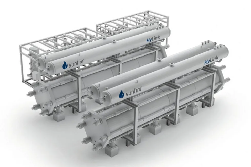 A rendering of a Sunfire pressurised alkaline electrolysis system.
