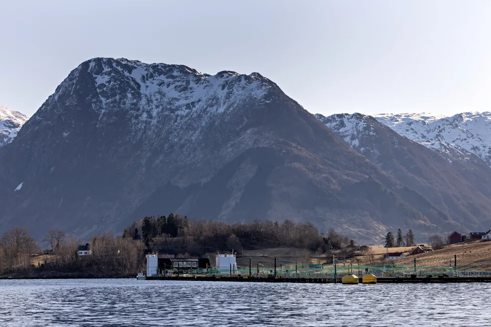 Et oppdrettsanlegg ved Rosendal i Hardangerfjorden.