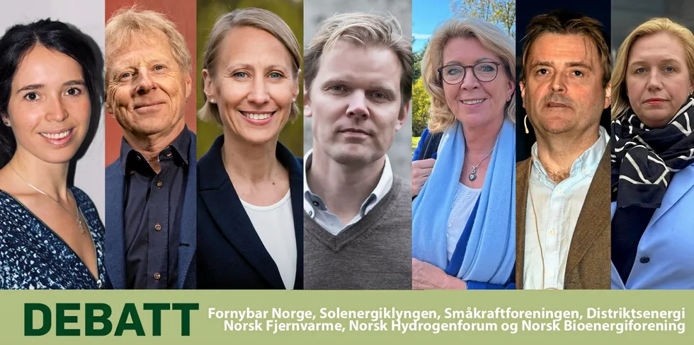 Fra v: Henriette Vivestad (Norsk Bioenergiforening), Knut Lockert (Distriktsenergi), Ingebjørg Telnes Wilhelmsen (Norsk Hydrogenforum), Trygve Mellvang Tomren-Berg (Norsk Fjernvarme), Åslaug Haga (Fornybar Norge), Knut Olav Tveit, (Småkraftforeningen) og Trine Kopstad Berentsen (Solenergiklyngen).