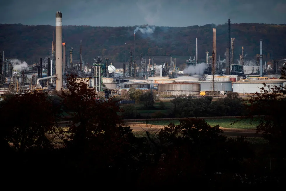 Industrial basin: part of the industrial zone of the harbour of Port-Jerome-sur-Seine in Normandy, north-western France