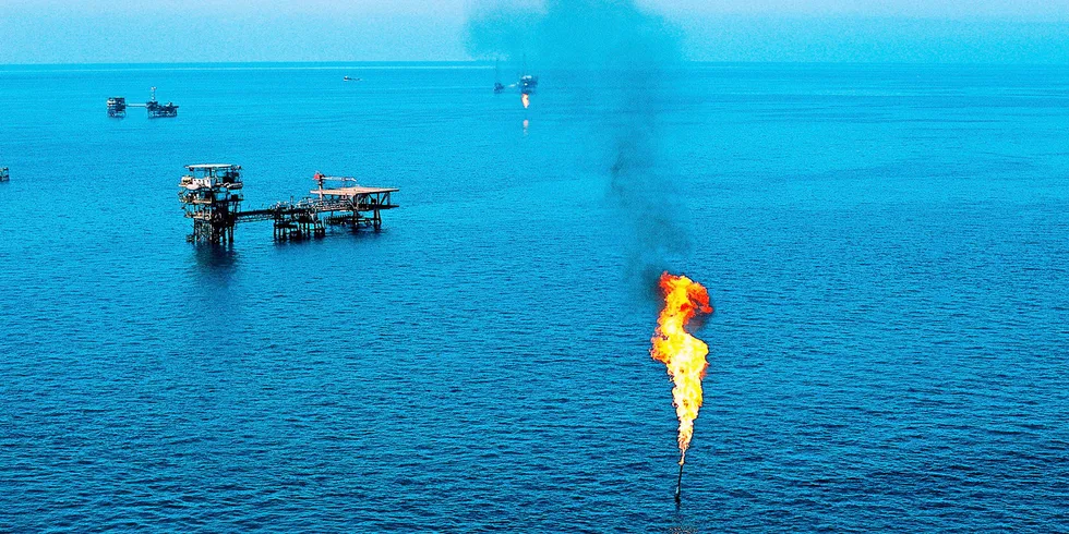 An oil rig in the Gulf of Suez, Egypt.