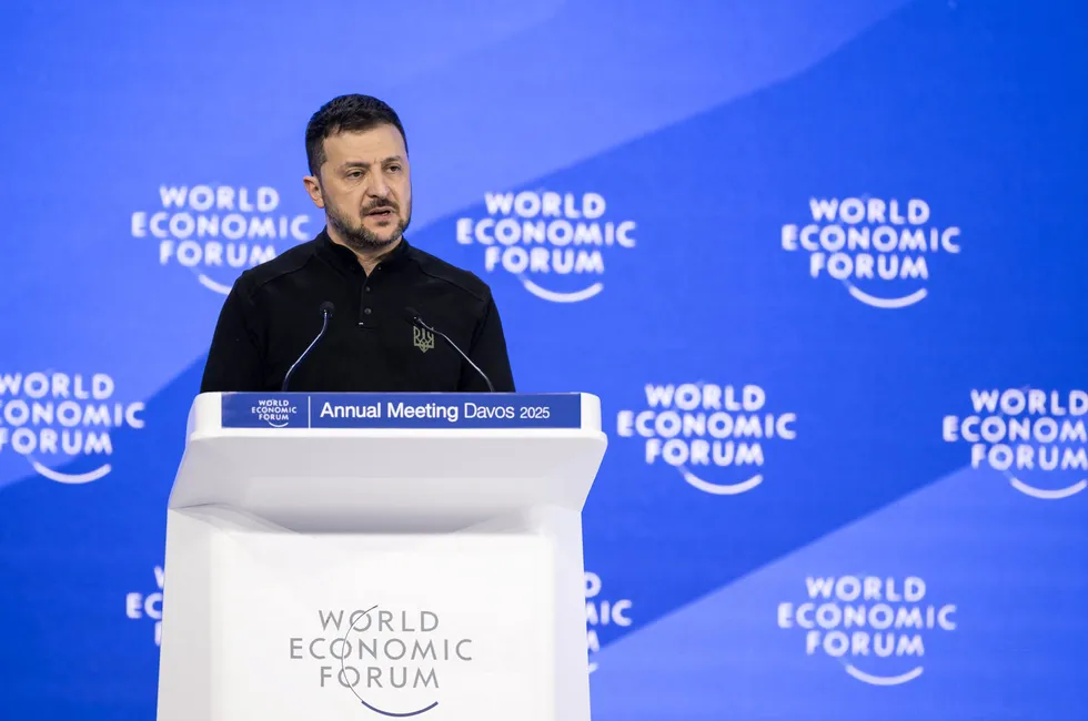 Ukraine’s President Volodymyr Zelensky delivers a speech during the World Economic Forum annual meeting in Davos on 21 January 2025.