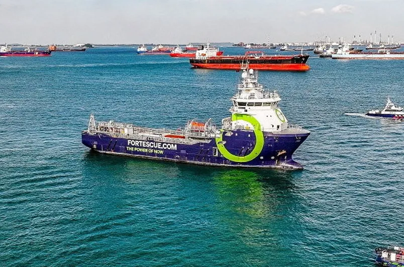 The Fortescue Green Pioneer in the Port of Singapore.