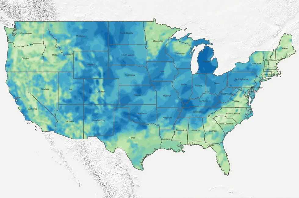 Map plotting likelihood of natural hydrogen occurrences across the US ...
