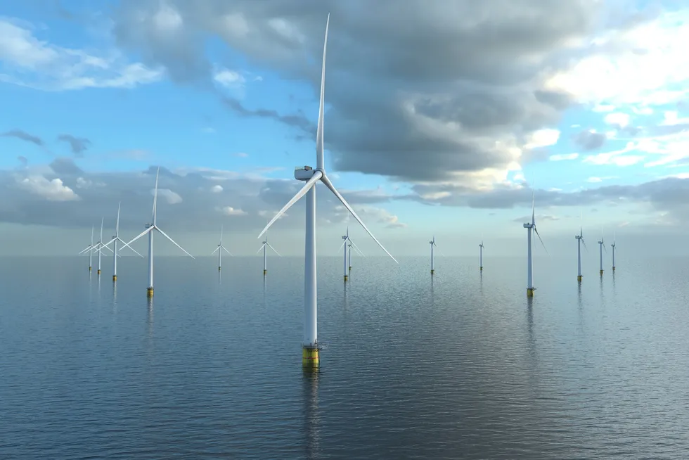 Illustrasjon av Equinors Empire Wind-prosjekt, der byggingen nå er stoppet på ordre fra Trump-administrasjonen, og der titall milliarder kroner står på spill.