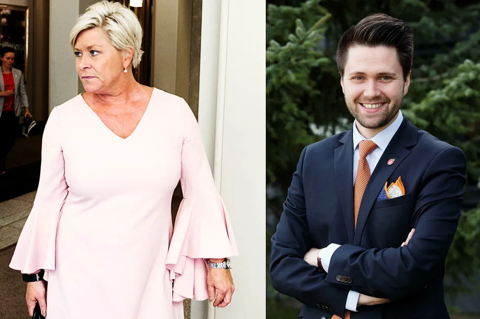 FpU- leder Bjørn-Kristian Svendsrud utfordrer partileder og finansminister Siv Jensen til å kutte kraftig i utgiftene over statsbudsjettet og at sykelønnsordningen er et bra sted å starte. Foto: Terje Bendiksby/NTB Scanpix