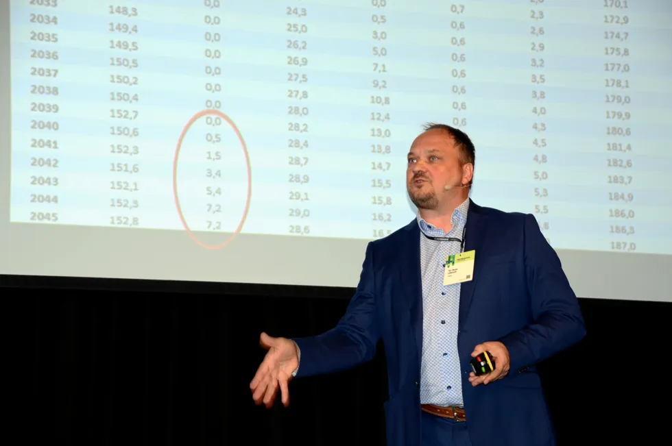 Den røde sirkelen viser hvor mye kjernekraft Volue-analytiker Tor Reier Lilleholt tror det vil være i Norge om 15-20 år.