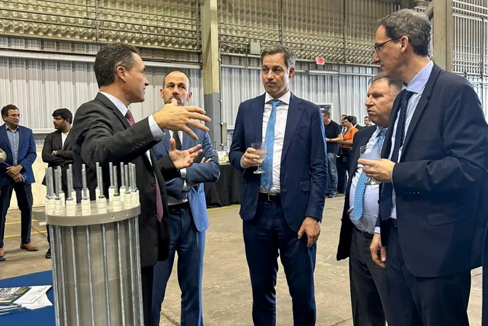 John Cockerill Americas president Nicolas de Coignac (left); Alexander De Croo, prime minister of Belgium (middle), John Cockerill group CEO Francois Michel (furthest right).