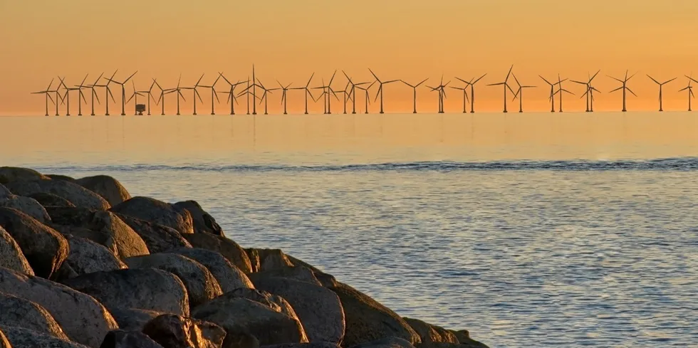 Offshore wind turbines at sunset near the Oresund bridge in Sweden .