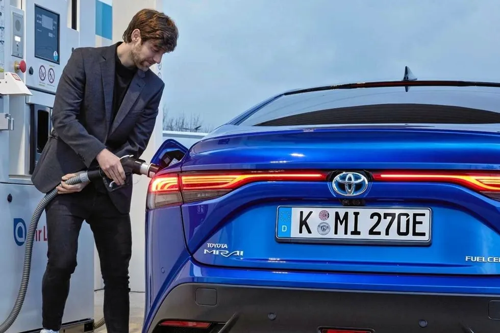 A Toyota Mirai being filled with hydrogen in Germany.