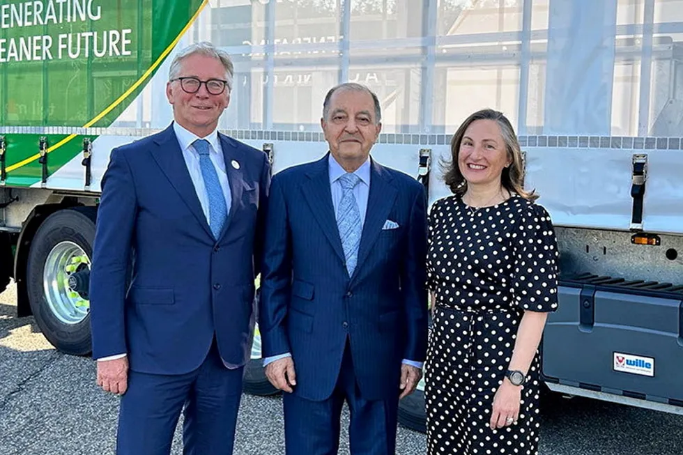 Air Products executives at the Mercedes-Benz GenH2 refuelling station launch. From left to right: Ivo Bols, president of Europe & Africa, Seifi Ghasemi, chairman and CEO, and Caroline Stancell, executive director of hydrogen, Europe & Africa.