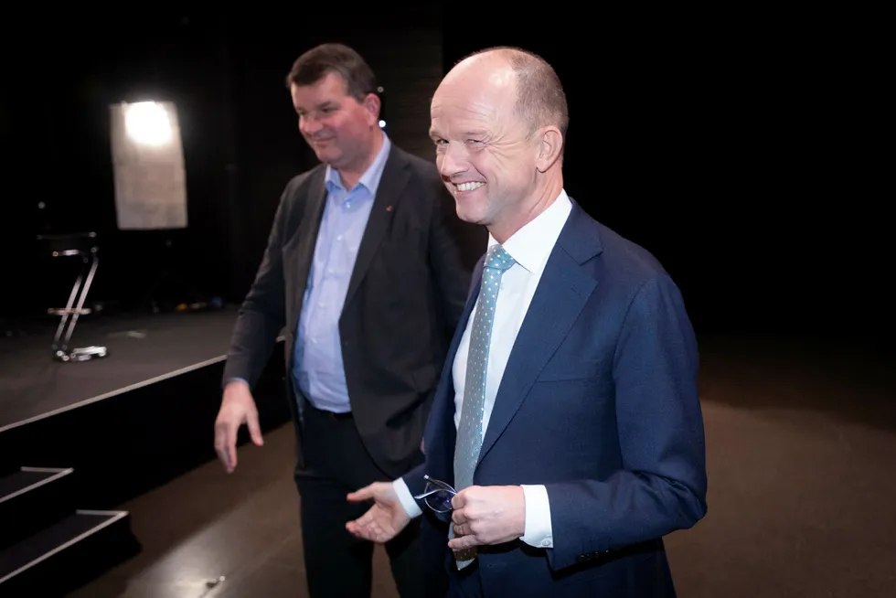 LO-leder Hans-Christian Gabrielsen (til venstre) og NHO-leder Ole Erik Almlid skal inn i sitt første lønnsoppgjør fra mandag 11. mars. Fortsatt er smilene på plass.