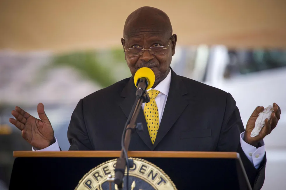 Open arms: Uganda's President Yoweri Museveni — shown here giving a speech in Kampala on 4 June — will welcome news of the award