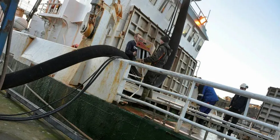 MANGLER: «Ottar» ved Pelagias anlegg i Måløy med levering av fiskeavskjær. Nå er båten i Tromsø for å utbedre mangler fra Sjøfartsdirektoratet.Foto: Einar Lindbæk