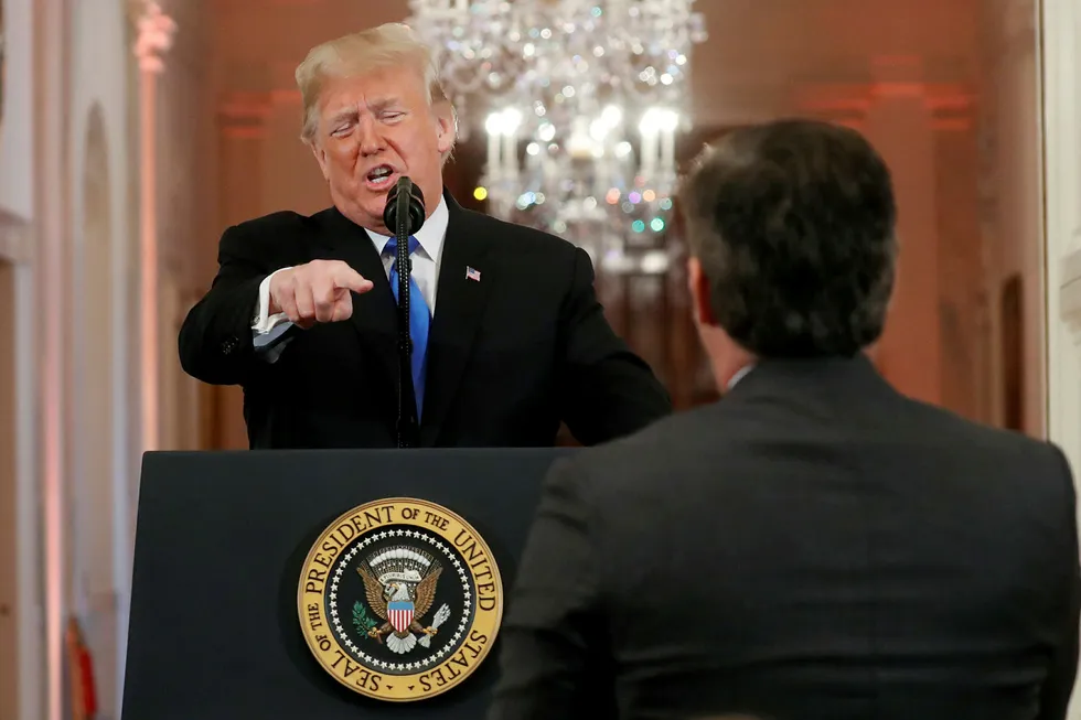 USAs president og CNN-reporter Jim Acosta, her fra Acostas foreløpig siste dag i Det hvite hus forrige uke
