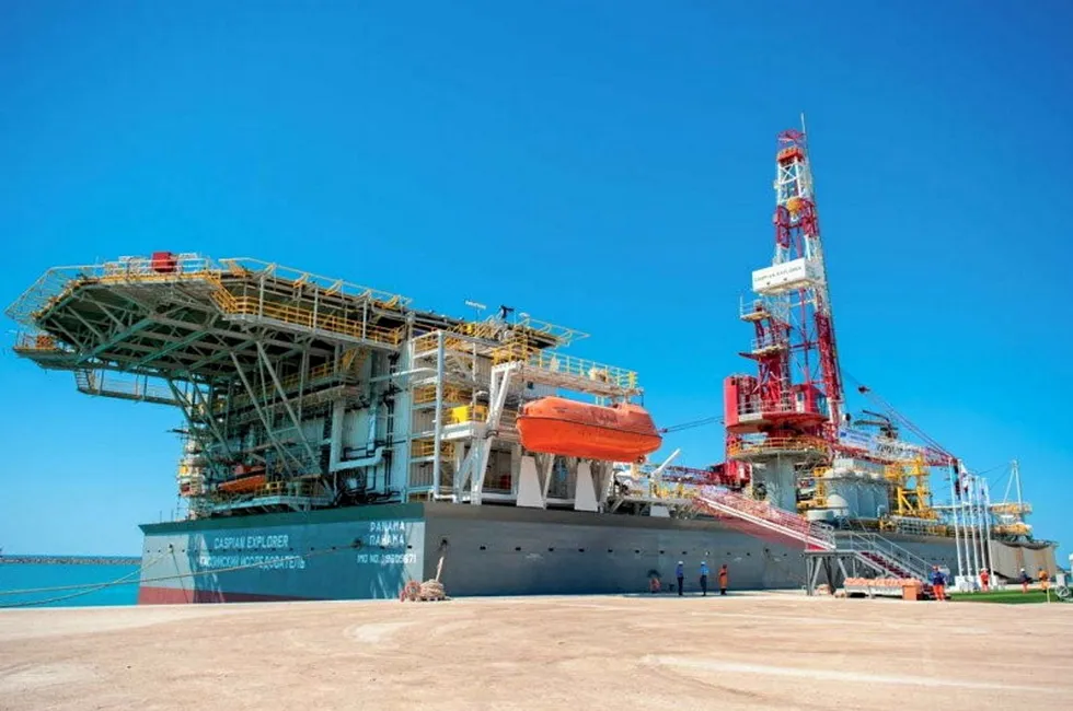 The Caspian Explorer drilling barge, owned by UK-listed Caspian Sunrise, in the Kazakh port of Aktau on the Caspian Sea.