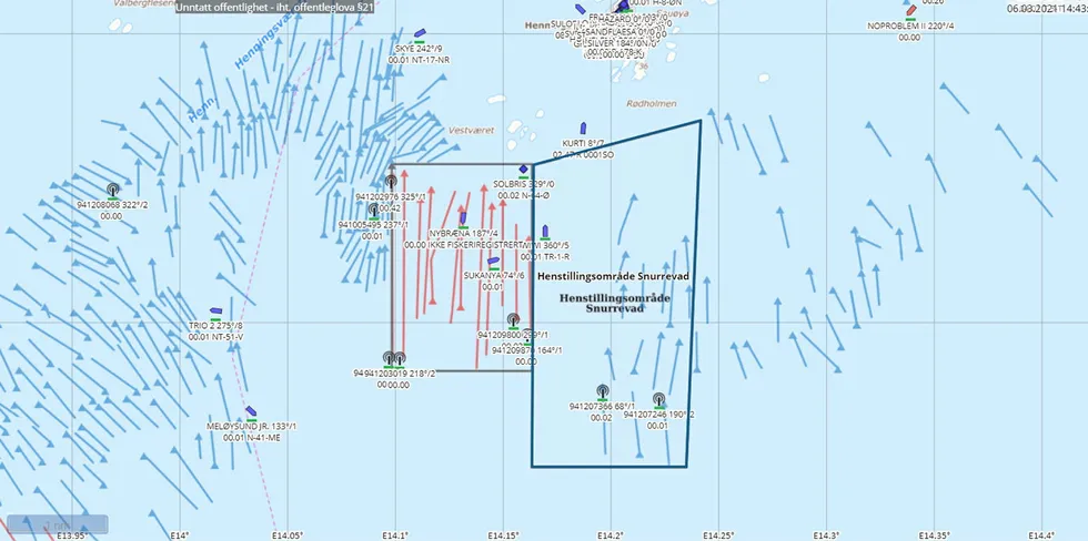 Kartet viser henstillingsområdet og passive redskaper i sjøen.