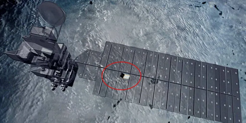 Smallsat er veldig liten sammenlignet med en konvensjoell satellitt. Skjermdump fra animasjonsvideo med rød ring påført av Tekfisk.Foto: NTNU