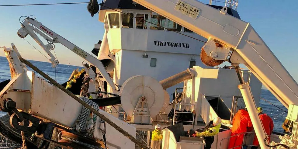 LODDEFISKE: Årets loddefiske i Barentshavet er nettopp begynt. Ved Island er det over for i år. På bilde er Karmøy-tråleren «Vikingbank» på årets loddefiske i Barentshavet.Foto: Privat