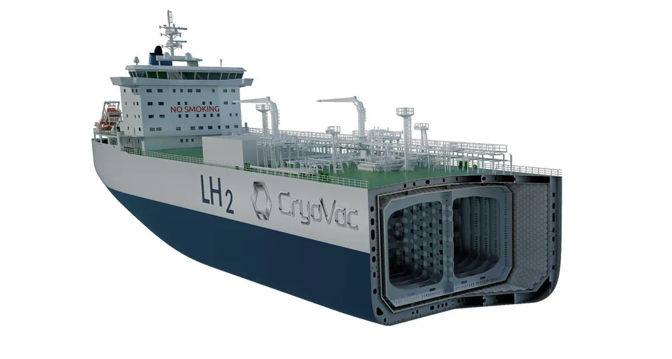 Illustrasjon av Cryovacs LH2 lagringsløsning for skipstransport basert på prismatiske tanker.